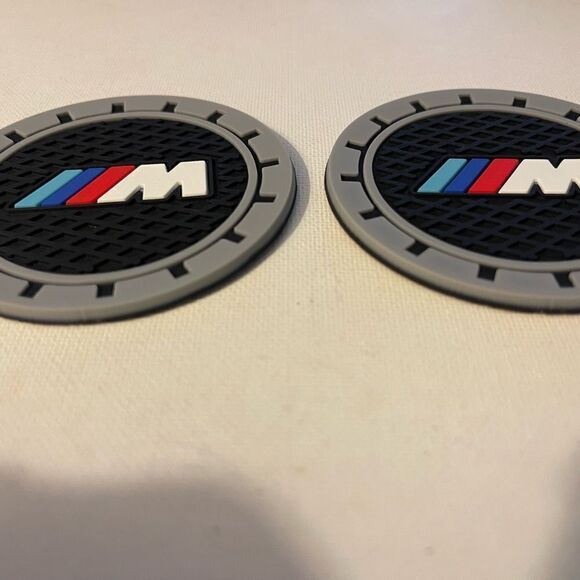 BMW Motorsports car cup Coasters in black and gray with logo Set of 2 NWT - Picture 3 of 4